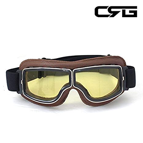CRG Sports Vintage Aviator Pilot Style Motorcycle Cruiser Scooter Goggle T13 T13BCB - Parent (Yellow Lens Brown Padding)