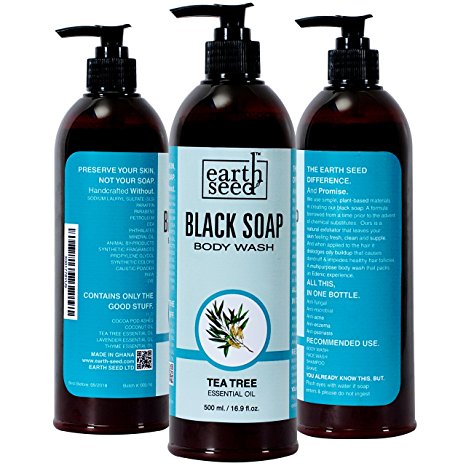 African Black Soap Infused with Tea Tree, Lavender, Thyme Essential Oils, by Earth Seed – For Body Wash, Face Wash, Shampoo – Alleviates Acne, Eczema, Psoriasis – No SLS, Sulfates, Parabens – 500 ml