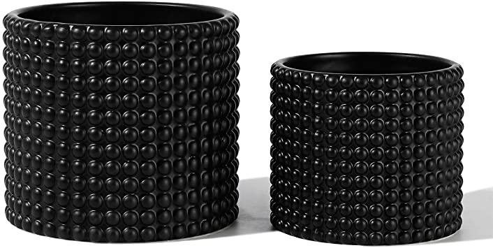 Black Ceramic Vintage Style Hobnail Patterned Planter Pots - 6 and 5 Inch Containers with Watering Drain Plug for Indoor Succulent Plants or Flowers