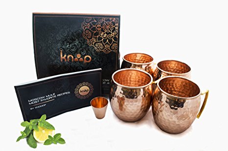 Moscow Mule Mugs Set Of 4. By Knooop. Enjoy The Traditional Drink In Handmade 16 oz 100% Copper Mugs. Included Bonus: Copper Shot Glass And Cocktail Recipes Booklet.