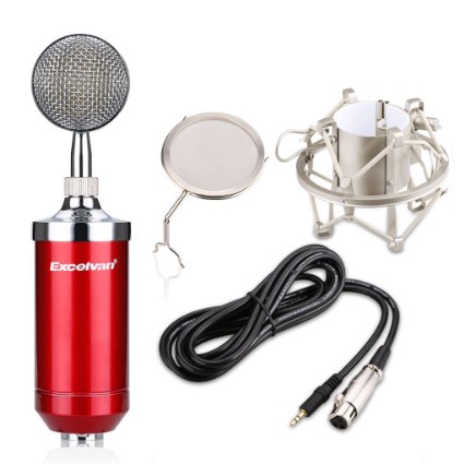 Excelvan BM8000 Cardioid Professional Broadcast Studio Recording Condenser Microphone Pop Wind Screen Filter Shiled Shock Mount Black