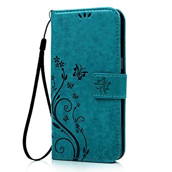 Galaxy S7 Active Wallet Case - Auideas Fashion Floral Butterfly Embossed PU Leather Magnetic Flip Cover Card Holders & Hand Strap for Samsung Galaxy S7 Active (G891) with Pen - Blue