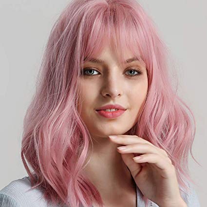 Klaiyi Hair Synthetic Wigs Bob Curly Wig with Bangs Natural Looking Heat Resistant Fiber Hair Wigs for Women (12 inch, pink)