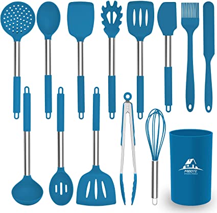 Mibote 15Pcs Silicone Kitchen Utensils Set, Cooking Utensils Set with Heat Resistant BPA-Free Silicone and Stainless Steel Handle Kitchen Tools Set (Blue)