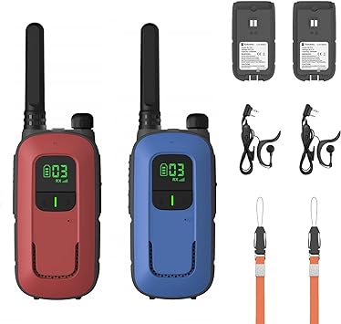 Radioddity PR-T3 Walkie Talkie Bambini Ricaricabile Walkie-Talkie a Lungo Raggio per 3-12 Anni Con 16 Canali PMR Senza Licenza, Ricarica USB, Cuffia per Campeggio e Escursionismo (Rosso/Blu)