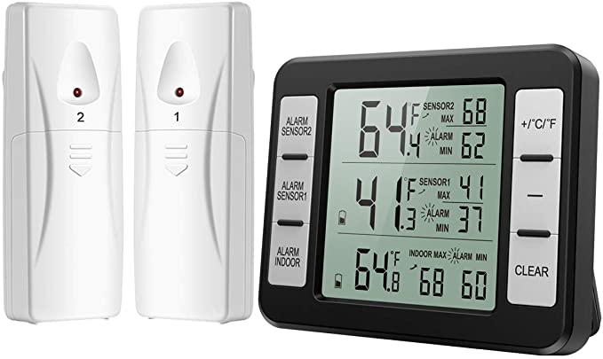 ORIA Refrigerator Thermometer, Wireless Digital Freezer Thermometer with 2 Wireless Sensors, Audible Alarm, Min and Max Record, LCD Display for Home, Restaurants, Bars, Black