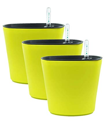 7" Self Watering Planter Pots with Coir & Foam Stone Easy Modern Decorative Planter Pot for African Violets Flowers Herbs Succulents (Lemon Green x 3) …
