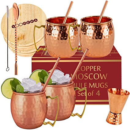 Moscow Mule Mugs Set Of 4 16 oz Pure Solid Genuine Copper Cups HANDCRAFTED in India, BONUS : 4 Straws, 4 Wood Coasters, Jigger ,Stirring Spoon, Cleaning brush,:Comes in Elegant Gift Box,by Yooreka