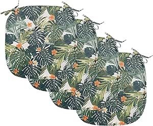 Ambesonne Green Chair Seating Cushion Set of 4, Hawaiian Summer Aloha Pattern Tropical Plants and Hibiscus Flowers, Anti-Slip Seat Padding for Kitchen & Patio, 16"x16", Green Dark Teal Orange