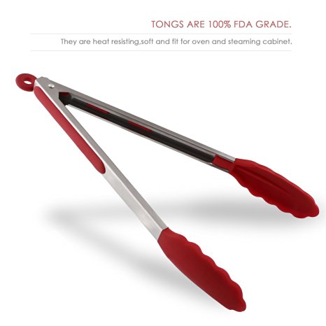 Deik Premium Silicone Kitchen Tongs 12-Inch, Non-Stick Friendly(Cherry Red)