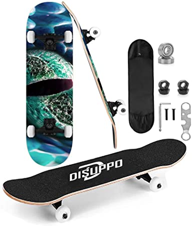 DISUPPO Skateboards,31" x 8"Complete Standard Skate Board for Beginners,7 Layer Canadian Maple Double Kick Skateboard for Adults, Boys, Girls, Kids, Teens