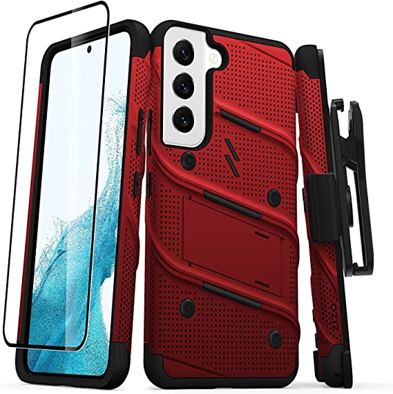 ZIZO Bolt Bundle for Galaxy S22 Case with Screen Protector Kickstand Holster Lanyard - Red