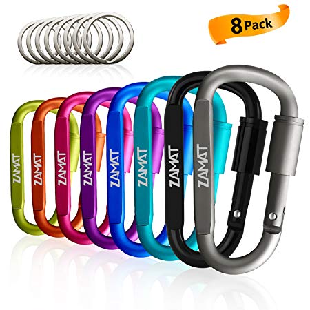 ZAMAT Carabiner, 3" 8 Pack D-Shaped Small Aluminum Locking Carabiner Clip, Spring Loaded Gate Screw Snap Link Hook Buckle Keychain Clips Set For Camping, Hiking, Keys, Water Bottle