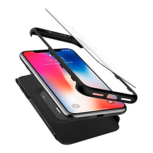 Spigen Thin Fit 360 iPhone X Case with Exact Slim Full Protection with 2 Packs of Tempered Glass Screen Protector for Apple iPhone X (2017) - Black