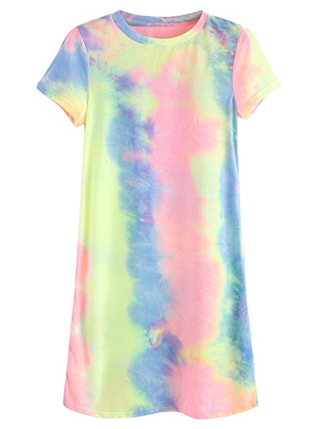 Romwe Women's Summer Casual Short Sleeve Tunic Dress Tie Dye T-Shirt Dress