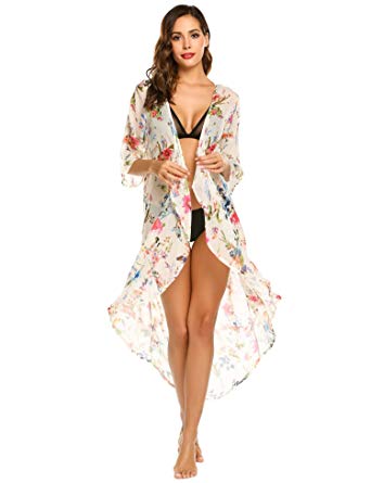 Ekouaer Women's Chiffon Cardigan 3 4 Sleeves Kimono Beach High Low Long Floral Cover Up