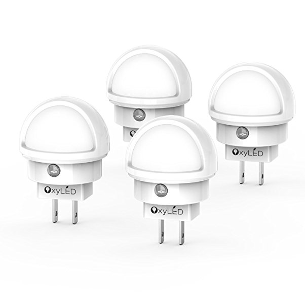 OxyLED N02 LED Night Light, Plug-in Wall Light with Dusk to Dawn Sensor, 0.26W White Light with Bedroom Bathroom Kitchen Hallway Kids Baby Nursery 360 Degree Rotating Head (4 pack)