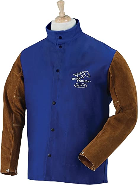Revco FRB9-30C/BS-2XL Black Stallion Hybrid Fr and Cowhide Welding Coat, 9 oz, Small/Medium/Large/X-Large/XX-Large, Royal Blue/Brown