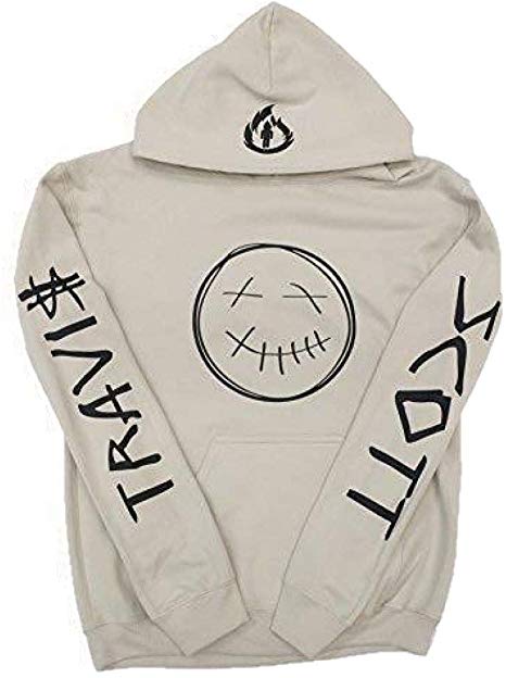 Travis Scott Sand Hoodie, Rodeo Merch,Travis Scott Merch (Black Smiley Face Logo and Flame Logo on Hood with Name on Arms)