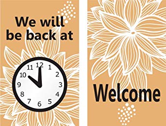 Accuform MPCM509 Dura-Plastic Double-Sided"Be Back" Clock Sign, Legend"WE WILL BE BACK AT (CLOCK GRAPHIC) / WELCOME", 8" Length x 5" Width x 0.062" Thickness, Black/White/Tan