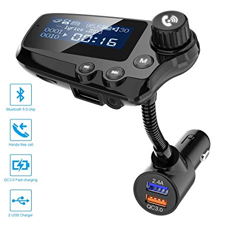 Bluetooth 5.0 FM Transmitter,Wodgreat Car Radio Audio Adapter QC3.0 Charging with 2 USB Ports, 1.74 Inch LCD Large-Screen Voltage Display, Music Player Support TF Card, USB Flash Drive, Aux