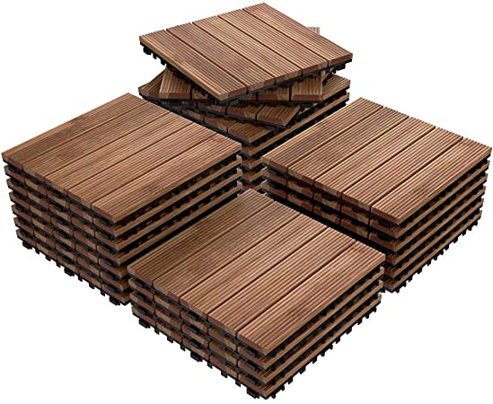 Yaheetech 27PCS Indoor Interlocking Wood Flooring Deck Decking Tiles Patio Pavers Tiles Solid Wood and Plastic Corner Edging Trim Tiles Outdoor 12 x 12”