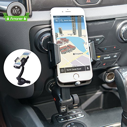 [Updated Version] 3-in-1 Multifunctional Car Mount   Car Charger   Cigarette Lighter Power Adapter, Amoner Universal Car Mount w/ Dual USB 3.1A Phone Charger for iPhone, Samsung and More Smartphones
