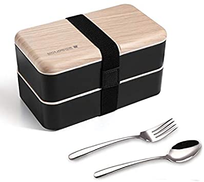 Original Bento Box Lunch Boxes Container Bundle Divider Japanese Style with Stainless Steel Utensils Spoon and Fork (Black)