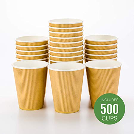 500-CT Disposable Kraft 12-OZ Hot Beverage Cups with Ripple Wall Design: No Need for Sleeves – Perfect for Cafes – Eco-Friendly Recyclable Paper – Insulated – Wholesale Takeout Coffee Cup