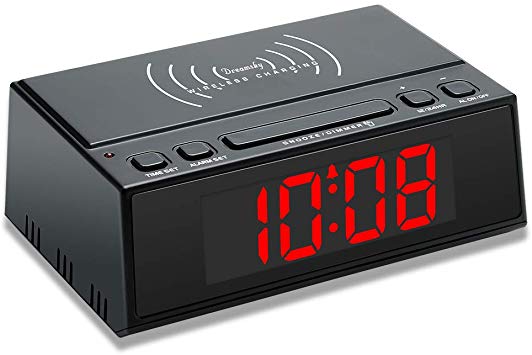 DreamSky Alarm Clock with Wireless Charging, USB Port, Large Number Display with Dimmer, 12/24Hr Display, Snooze, Wireless Charging Compatible with iPhone Xs/XS Max.