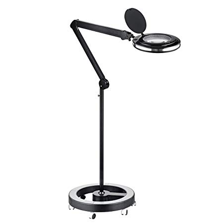 Brightech LightView Pro LED Magnifying Glass Floor Lamp - 6 Wheel Rolling Base Reading Magnifier Light with Gooseneck - for Professional Tasks and Crafts - Black