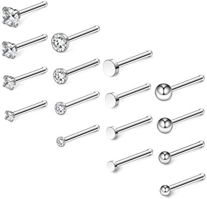 Ruifan 20G 18G Surgical Steel 1.5mm-3mm Flat Ball Clear Diamond CZ Nose Stud Rings Bone Pin Piercing Jewelry 16-34PCS