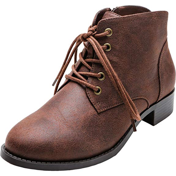 Women's Wide Width Ankle Boots, Chunky Block Low Heel Lace Up Side Zipper Comfortable Work Shoes.