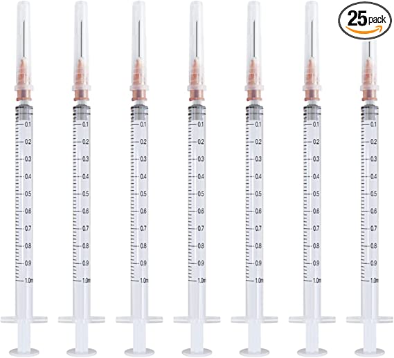 1ML Disposable syringe with Needle, Individually Wrapped (25Ga 1/2inch, Pack of 25)