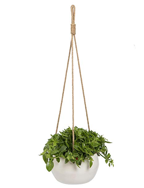 YXMYH Modern White Ceramic Hanging Planter for Indoor Plants Porcelain Hanging Plant Holder 8 Inch Geometric Flower Pot with Jute Rope