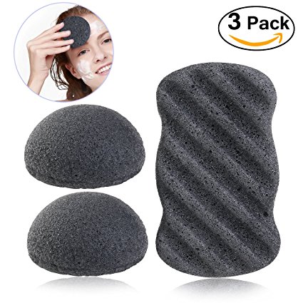 PIXNOR Konjac Sponge All Natural Facial Body Sponges with Activated Bamboo Charcoal