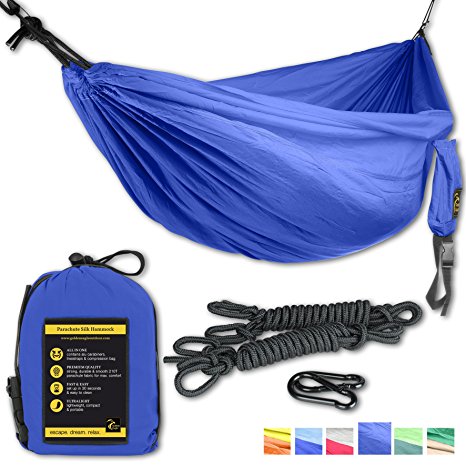 Single Eagle Camping Hammock Incl. 2 carabiners and 2 ropes - 108 x 55 in - 440 lbs load - Top Rated Best Quality Lightweight Parachute Nylon 210T Hammocks.