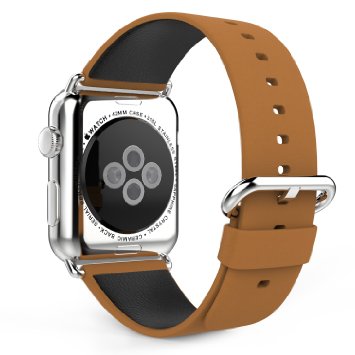 Apple Watch Band MoKo Premium Top-grain Leather Replacement Strap with Stainess Metal Buckle for 42mm Apple Watch All Models Light BROWN Will Not Fit Apple Watch 38mm Version 2015