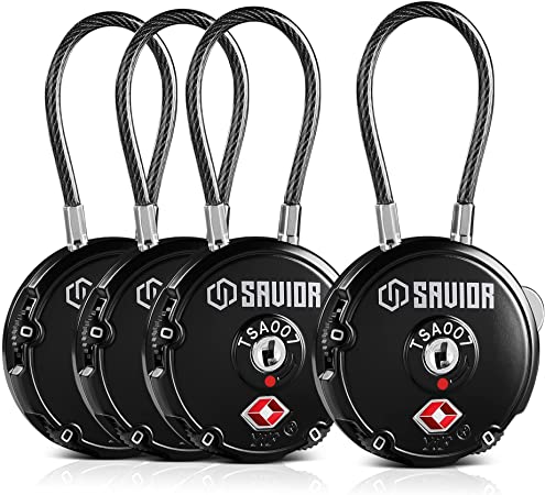 Savior Equipment Quality TSA-Approved 3-Digit Combination Cable Travel Luggage Locks for Rifle Bag Firearm Gun Case Accessories Ammo Boxes Outdoor Storage, Obsidian Black, 4-Pack