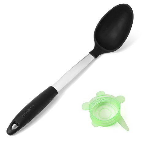 Bizanzzio Stainless Steel & Silicone Cooking Spoon in Black - High Quality Mixing Utensil