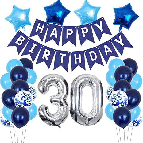 30th Birthday Decorations Men, 30th Birthday Balloons Blue Happy Birthday Banner Aluminum Foil Star Balloons Latex Confetti Balloons Unique Party Supplies Make Birthday Surprise for Him/Husband