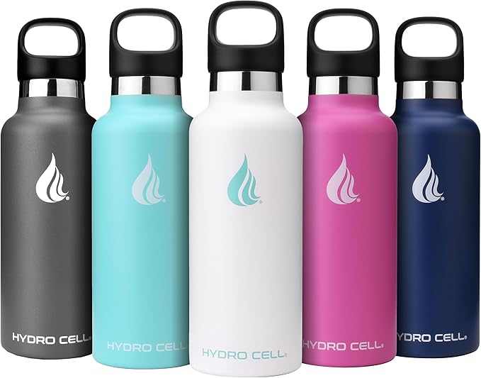 HYDRO CELL Stainless Steel Water Bottle with Straw & 2 Standard Mouth Lids (32oz 24oz 20oz 16oz) Keeps Liquids Hot or Cold w/Double Wall Vacuum Insulated Leak Proof Sport Design (White 20oz)