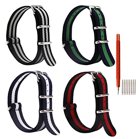 4pc 20mm Nato Nylon Striped Black/Red,Black/Grey,blue/green,blue/white Replacement Watch Strap Band