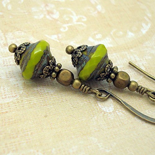 Boho Earrings, Cloud Cap Jewelry, Lime Green Rustic, Antiqued Brass
