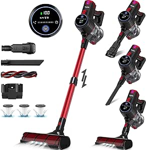Vyklo Cordless Vacuum Cleaner, 25Kpa 250W with LED Touch Screen Display, Powerful Suction Stick Vacuum, 50 Min Runtime, 6-in-1 Lightweight Brushless Motor, Wireless for Pet Hair Carpet Hard Floor, Red