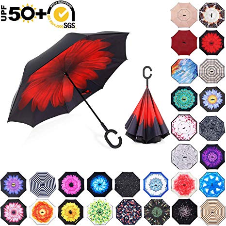 ABCCANOPY Inverted Umbrella,Double Layer Reverse Rain&Wind Teflon Repellent Umbrella for Car and Outdoor Use, Windproof UPF 50  Big Straight Umbrella with C-Shaped Handle, Red Flower