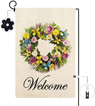Molili Small Welcome Flower Wreath Garden Flag Burlap Vertical Double Sided,Farmhouse Retro Vintage Summer Spring Floral and Butterfly Yard Outdoor Decoration,Seasonal Outdoor Flag 12.5 x 18inch