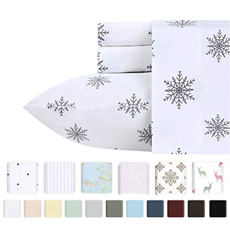 400 TC 100% Cotton Sheet Snowflakes Grey Full Size Printed Sheet Set, 4 Pc Long-staple Combed Cotton Bedding Sheets For Bed, Breathable, Soft Sateen Weave Fits Mattress Upto 18'' Deep Pocket