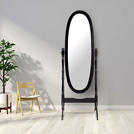 Giantex Bedroom Wooden Floor Mirror Full Length Cheval, 100% Solid Oak Wood Frame Rustic Rotary Swivel Mirrorred Stand Black Oval Mirrors, Free Standing Home Floor Dressing Mirror (Black)