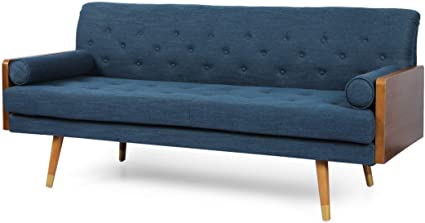 Aidan Mid-Century Modern Tufted Fabric Sofa, Navy Blue and Dark Walnut